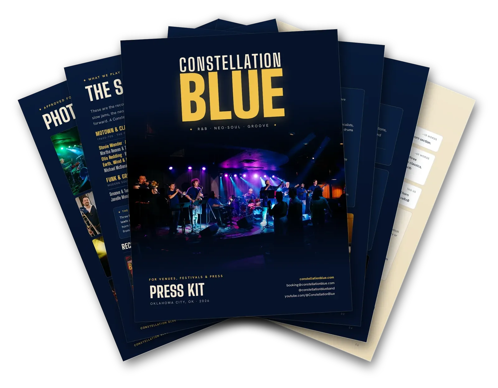 Pages of the Constellation Blue press kit fanned out, cover on top.